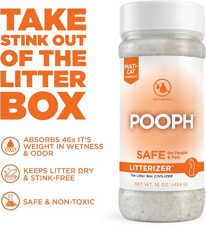 POOPH Litterizer Cat Litter Odor Eliminator Additive, 16 fl oz Bottle | Helps absorb moisture and odors to keep cat litter drier. Fragrance-free formula in a 16 oz bottle