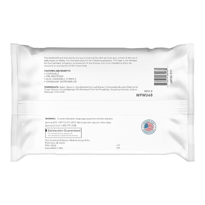 McKesson Washcloth Wipes, Unscented - Disposable Wet Wipes for Adults - Fragrance-Free, Paraben-Free - No-Rinse Formula, 48 Count, 12 Packs, 576 Total