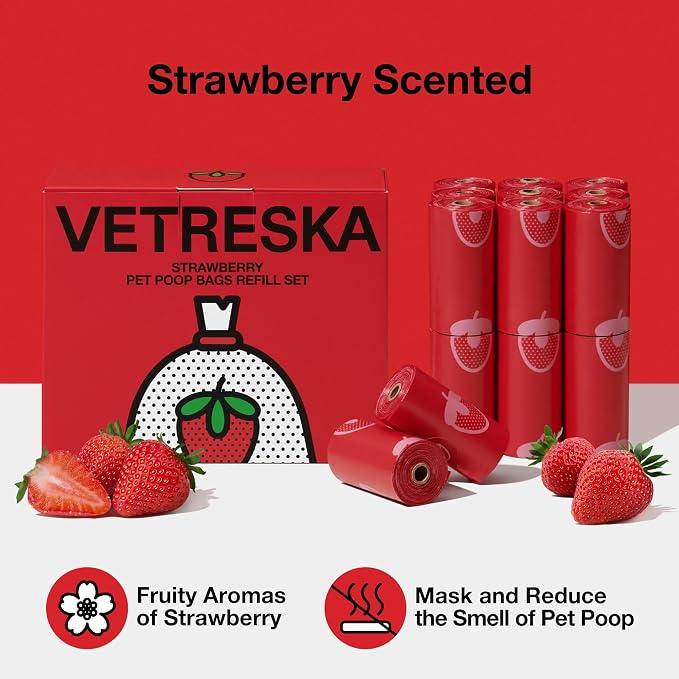 VETRESKA Strawberry Scented Dog Poop Bags, Leak Proof, 300 Counts | Extra Thick and Large Pet Waste Bags for Dogs Walking and Cat Litter, 20 Rolls