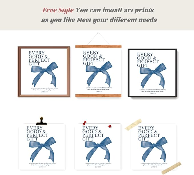 LARTSFRO Coquette Navy Blue Bow Wall Art Decor Posters, Navy Blue Bow Room Bedroom Bathroom Dorm Wall Art Decor Aesthetic for Teen Girls Gifts, Inspirational Bible Verses Bow Wall Decor, 10x10 Inch Set of 4 Pcs Bow Pictures (UNFRAMED)