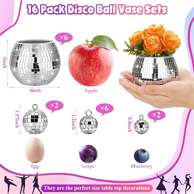 16 Pcs Disco Ball Vase Sets, 6 Pcs Disco Ball Vase Disco Ball Flower Vase & 10 Pcs Disco Balls with 3 Sizes, 3" X 4" Disco Ball Planter Candle for Wedding, Birthday, Party