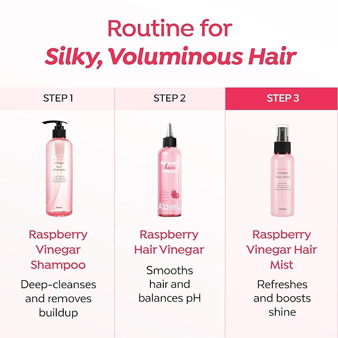 A'PIEU Raspberry Vinegar Hair Mist - Instant Hydration & Nourishing Spray for Smooth, Shiny, Frizz-Free Hair with Refreshing Floral Scent, Non-Sticky Finish. Korean Hair Care (3.55 fl oz)