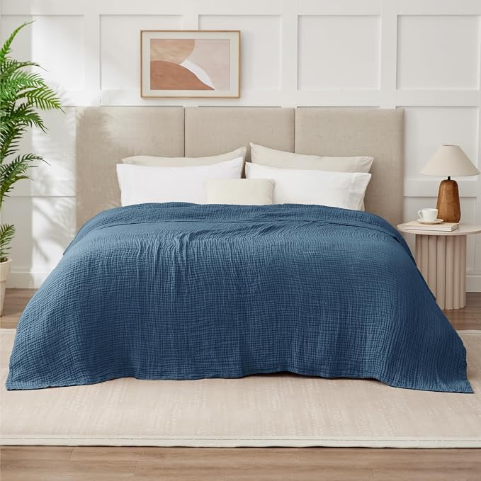 100% Cotton Muslin Blanket Queen 90" x 90", 6 Layers Breathable and Lightweight Cotton Throw Blanket for Bed, Soft Quilt Bedspread Coverlet, Gauze Blanket for Adults All Season, Blue