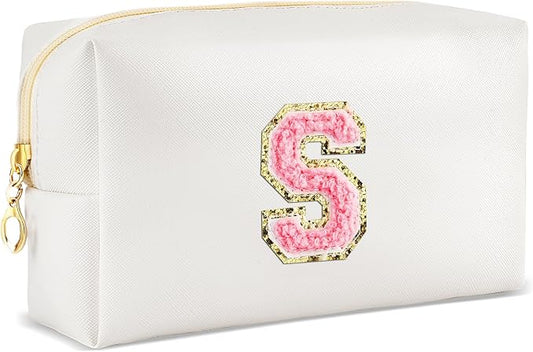 URSKYTOUS Initial Makeup Bag Personalized Preppy Travel Small Cosmetic Bag Cute PU White Chenille Letter Makeup Pouch for Purse Waterproof Zippered Toiletry Organizer for Women Girls Kids Friends (S)