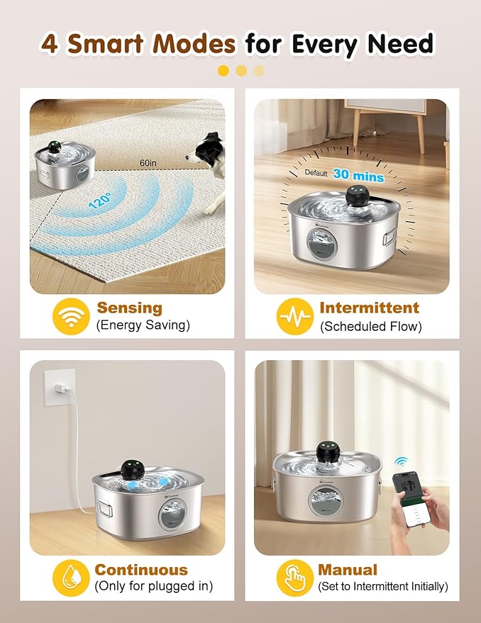 Stainless Steel Dog & Cat Water Fountain for Large Dogs and Cats | 10L /2.64Gal Cordless Dog Water Bowl Dispenser with 2.4G WiFi, Multi-filtered, Ideal for Multi-Pet Home