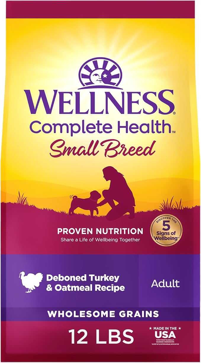 Wellness Complete Health Small Breed Adult Dry Dog Food, Wholesome Grain Kibble, Natural, Turkey and Oatmeal Recipe, 12 lb Bag