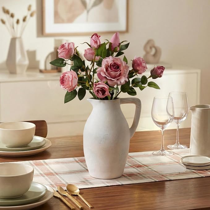 Ceramic Flower Vase with Handle, 9.65 inch Tall Ceramic Vase Home Decor Farmhouse Vases Terracotta Table Vases for Living Room Bathroom Modern Boho Coffee Table Centerpieces Bookshelf Kitchen, White