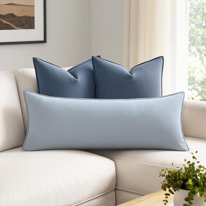 MIULEE Decorative Linen Lumbar Pillow Cover 14x36 Inch Light Blue | Boho Farmhouse Couch Long Throw Pillow for Bed, Pack of 1 Accent Coastal Modern Pillowcase, Sofa Livingroom Home Decor