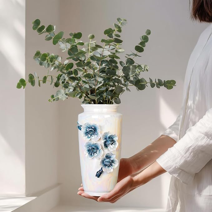 White Ceramic Vase 9 Inch - Modern Decorative Vase for Flowers, Centerpiece for Dining Table Living Room Entryway