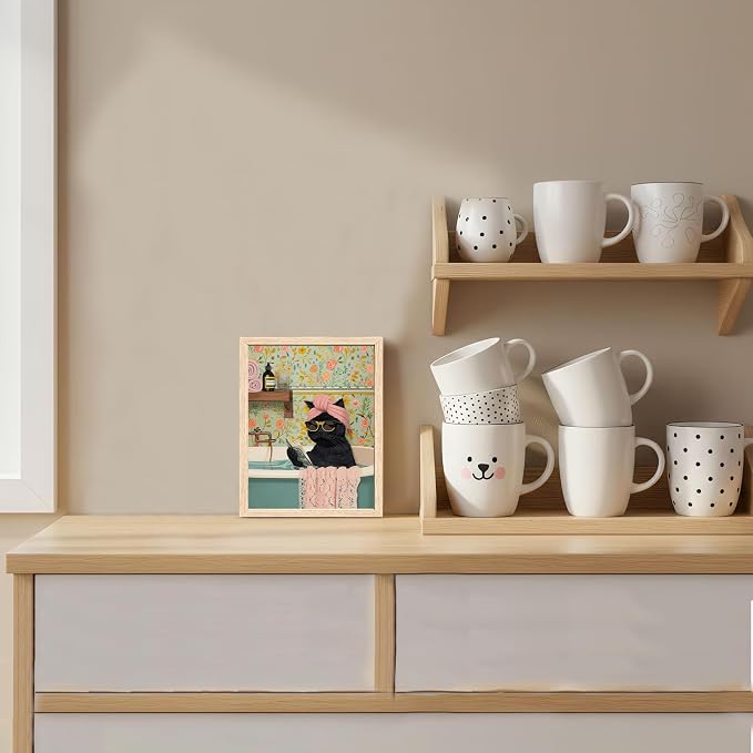 ICHZUMW Framed Funny Black Cat in Bathtub Canvas Bathroom Wall Art 8x10 In | Humorous Cat Wearing Sunglasses Reading Book, Girly Pink Dopamine Bathroom Wall Decor, Restroom Powder Room, Ready to Hang