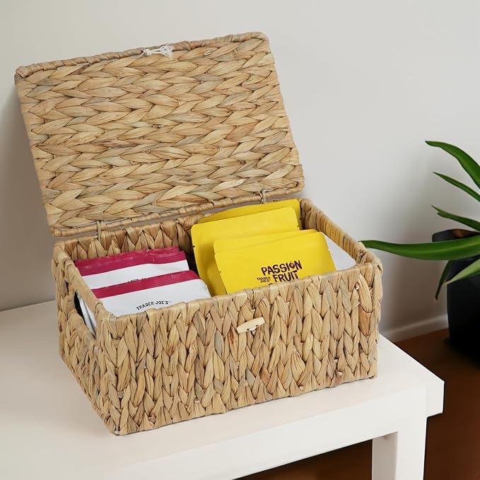 ORDELITE Water Hyacinth Wicker Storage Basket with Lid, Medium | Built-In Handles, Shelf Organizer Bin, Rectangular Woven Box, Multipurpose Home Storage, Natural Decor