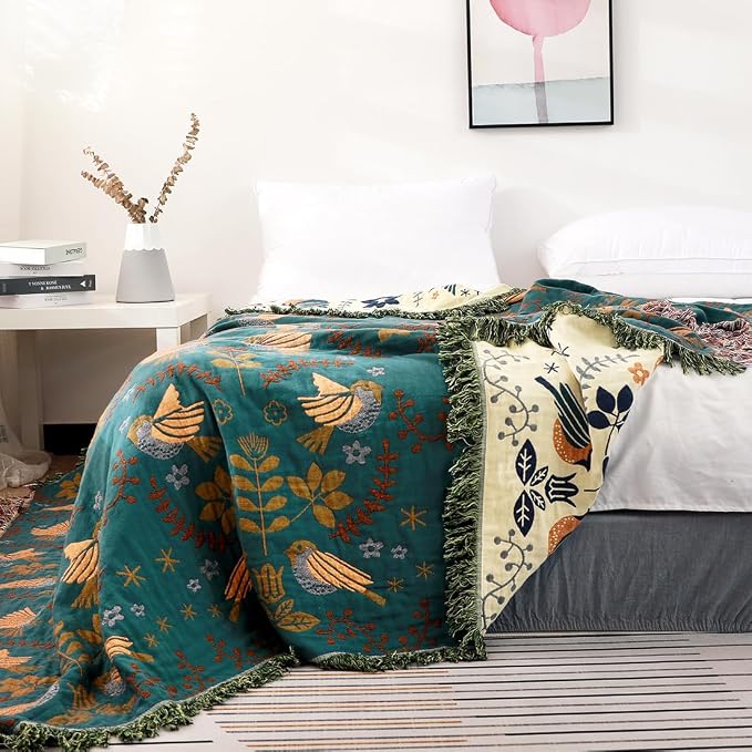 VANJOROY Boho Sofa Bed Large Throw Blanket, Ultra Soft Luxury King Throw Quilt, 100% Organic Cotton Reversible Bohemian Throw for Couch Chair Bedspread and Gift, 91" x 98"-Teal
