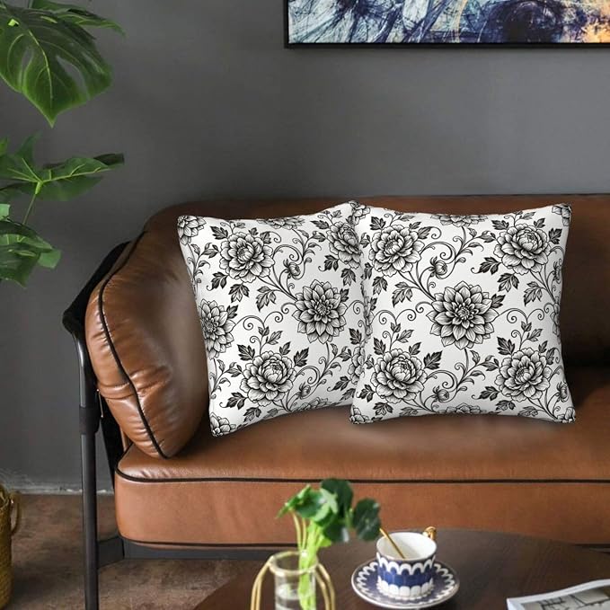 Black White Toile Throw Pillow Covers 18x18 Set of 2 Vintage Floral Decorative Farmhouse Pillow Cases for Couch Home Deco