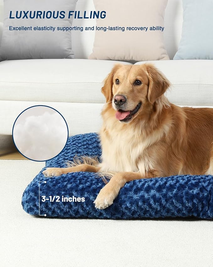 KSIIA Washable Dog Bed Medium Size Dog Crate Bed Plush Pet Mat 35"x23" Blue | Deluxe Plush Comfy Kennel Pad, Anti-Slip Bottom,Deep Sleeping Mat for Medium Dogs,Machine Washable for Easy Cleaning