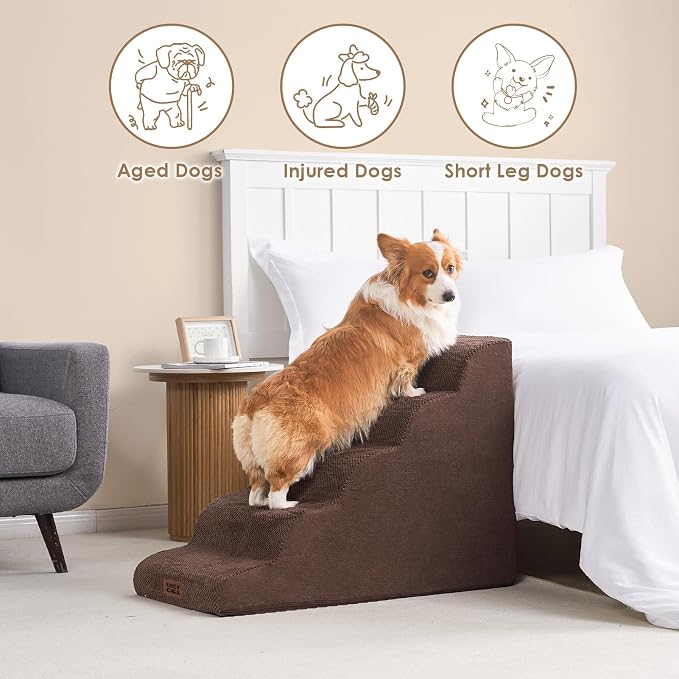 EHEYCIGA Curved Dog Stairs Ramp, 5-Step Extra Wide High Beds, Dog Steps | 33D density of pure foam, for Small Dogs and Cats, Pet Stairs for High Bed Climbing, Non-Slip Balanced Indoor, Brown