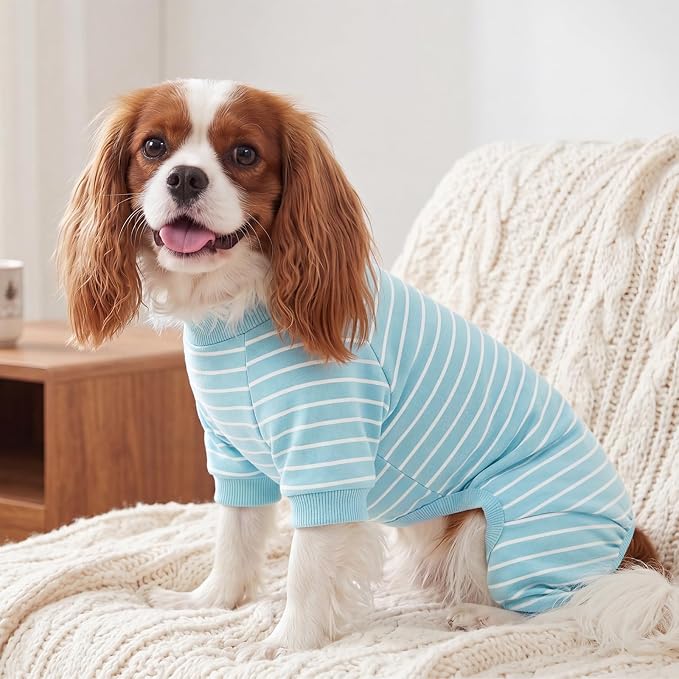 XPUDAC 4 Pack Dog Pajamas Striped Dog Clothes for Small Medium Dogs Girl Boy Comfy Puppy Outfit Doggy Jammies Onesie Pet Costume, Blue, Grey, Green, S