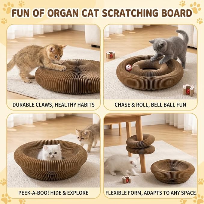 Kitlty Kurliz Cat Toy,Magic Organ Cat Scratcher Board,Foldable Recyclable Cat Accordion Toy,Interactive Scratch Pad with Toy Ball,Interactive Cat Toys for Indoor Cats Exercise & Anxiety Relief (1 PCS)