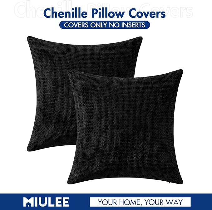 MIULEE Decorative Lumbar Throw Pillow Covers 12x20 Inch Black 2 Pack | Modern Boho Accent, Soft Chenille Pillow Covers, Farmhouse Cushion Cases for Couch Bed Sofa Living Room Home Decor