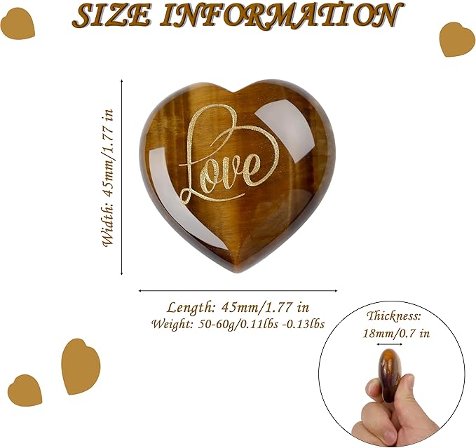 ZHIYUXI 45mm Tigers Eye Engraved Heart Stones Heart Gift Gemstones Heart Shaped Rocks Polished Tigers Eye Stones Mental Health Gifts Gem Meditation Spiritual Gifts for Men Reiki