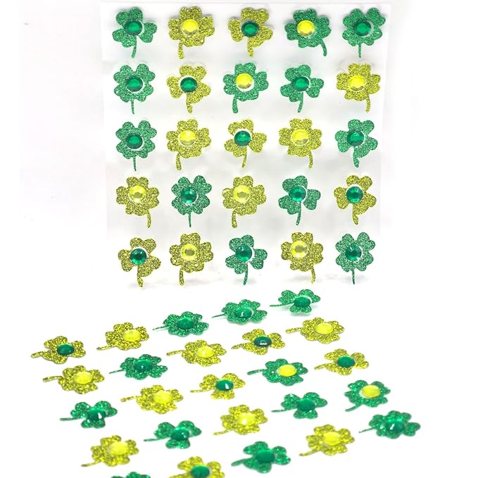50 Pcs Glitter St. Patrick's Day Face Gems, Green Shamrock Face Jewels with Gold Glitter, Self-Adhesive Face & Body Gems for Festival Party, Irish Theme Makeup Supplies