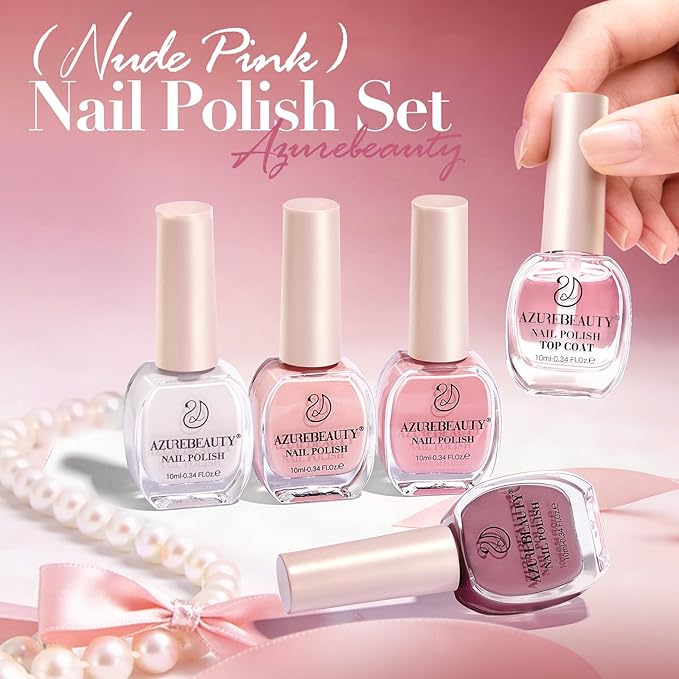 AZUREBEAUTY Nude Pink Nail Polish Set (4 Colors + Top Coat), Soft Solid Shades for Natural Look, Glossy Finish, Fast Dry, No Lamp Needed