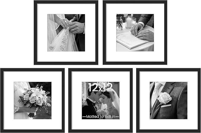 upsimples 12x12 Picture Frame, Gallery Wall Frames Set of 5, Black | Photo Frame Collage Wall Decor, 8x8 Picture Frame with Mat for Family, Baby, Hallway, Christmas