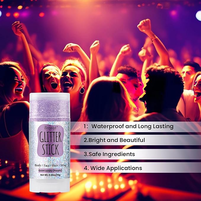 Brzeaf Waterproof Purple Glitter Stick, Shimmery&Long Lasting, Christmas Chunky Glitter for Face/Body/Hair/Eyes, Singer Concert Music Rave Festival, Glitter Stick Makeup for Women Men