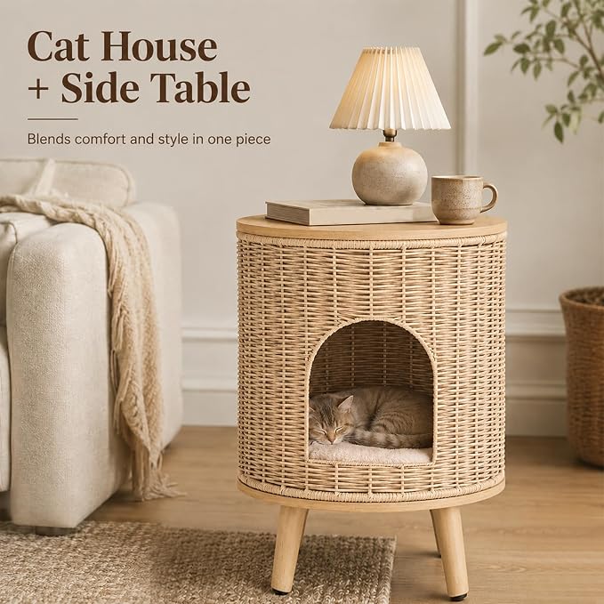 Rattan Cat House End Table, 2-in-1 Cat Bed Side Table, Stylish Pet Furniture for Indoor Cats in Living Room and Bedroom (Natural, 15.7”L x 15.7”W x 22”H)