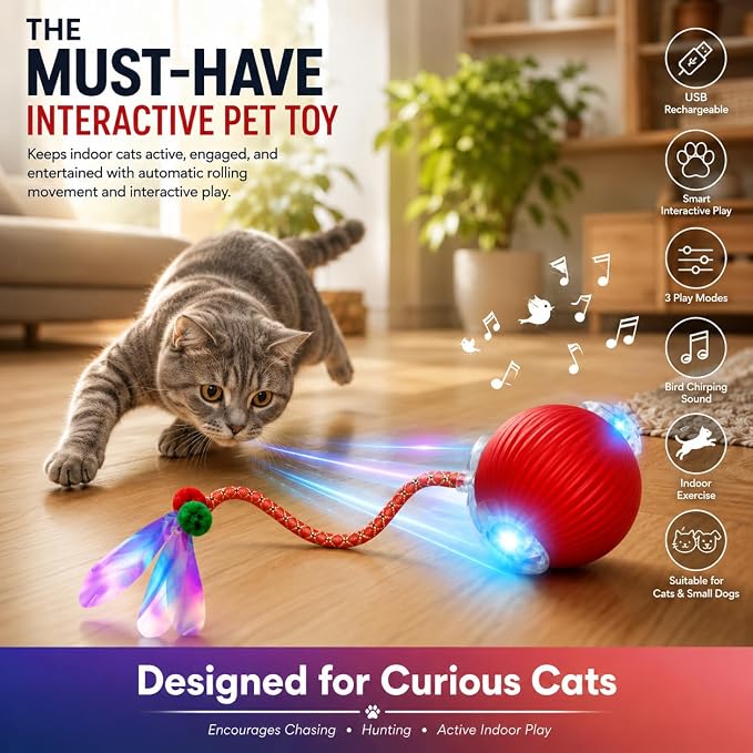 Interactive Cat Toy Ball, Automatic Cat Toy with Bird Chirping Sound, 3 Play Modes & 2 Tails,Rechargeable Smart Moving Pet Toy,Speedy Tail 2.0 Cat Toy,Cat Toys Interactive for Indoor Cats & Small Dogs