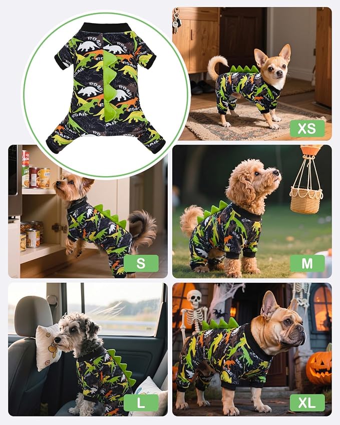 CuteBone Dinosaur Costume Dog Pajamas, Stretchy Spandex Crystal Velvet Sleepwear Coat for Small Dogs, Soft & Warm Pet Outfit Clothes for Cold Weather, Cozy Pullover Design COSP21XS