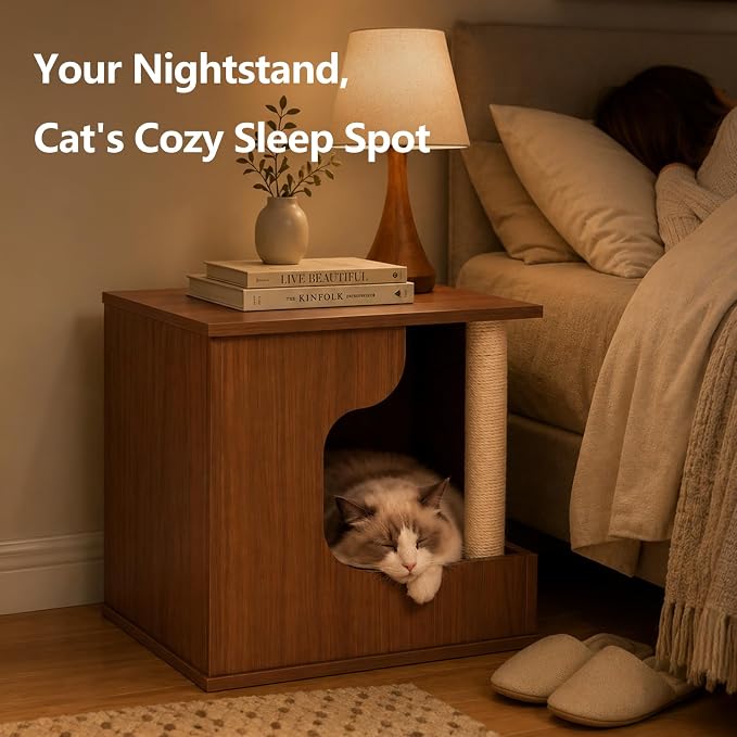 Cat Side Table with Cat Scratching Posts,Cat House with Storage for Living Room | Multi‑Purpose Cat Hideaway Furniture with Sisal Scratching Post, Cat Cave Bed for Indoor Cats, Human‑Pet Shared Table