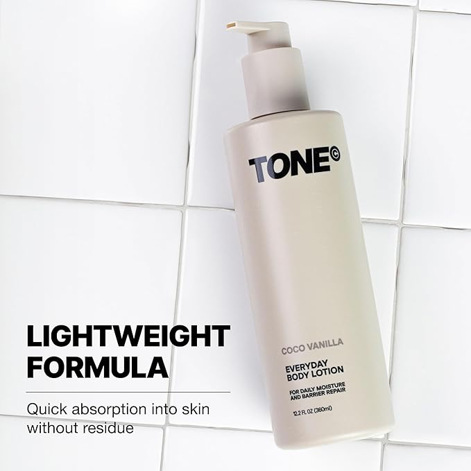 TONE Everyday Body Lotion for Men & Women, Coco Vanilla, Fast Absorbing & Hydrating Body Lotion for All Skin Types Made with Shea Butter and Vitamin E for Soft Skin, Paraben-Free, 12.2 oz