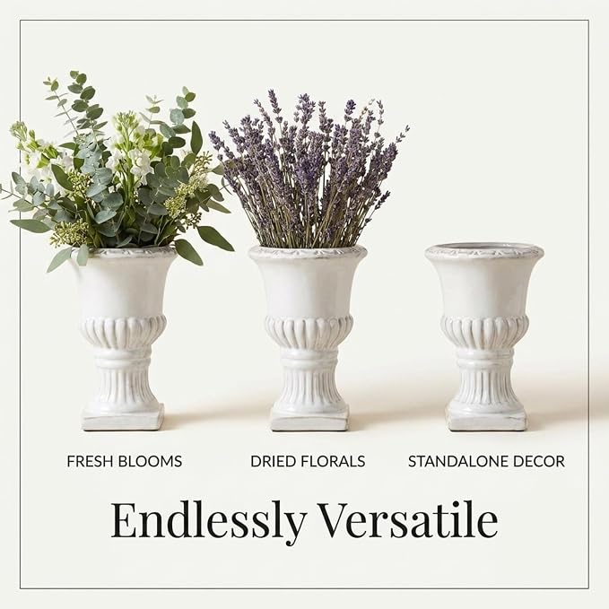 The Bridge Collection White Porcelain Greek Pedestal Urn Planter Vase | Antique Style Plant Pot Garden Accessory for Contemporary Cottage Vintage Decor Indoor Outdoor Home Decoration