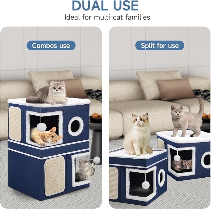 Shikha 2 Story Cat House beds for Indoor Cats with Scratch Pads Blue | 2 in 1 Dual Use Double Cat Bed Cave for Multiple Pets Kitten, Elevated Perch for a Wide View, All Season Reversible Cushion