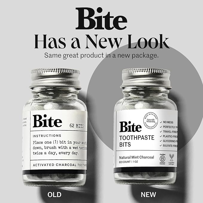 Bite Whitening Toothpaste Tablets – 2 Months – Fluoride Free, Nano Hydroxyapatite + Xylitol, Mint Charcoal– Vegan, Cruelty-Free, Made in USA, Sensitive Teeth, Travel Size, (2 Bottles, 124 Tabs)