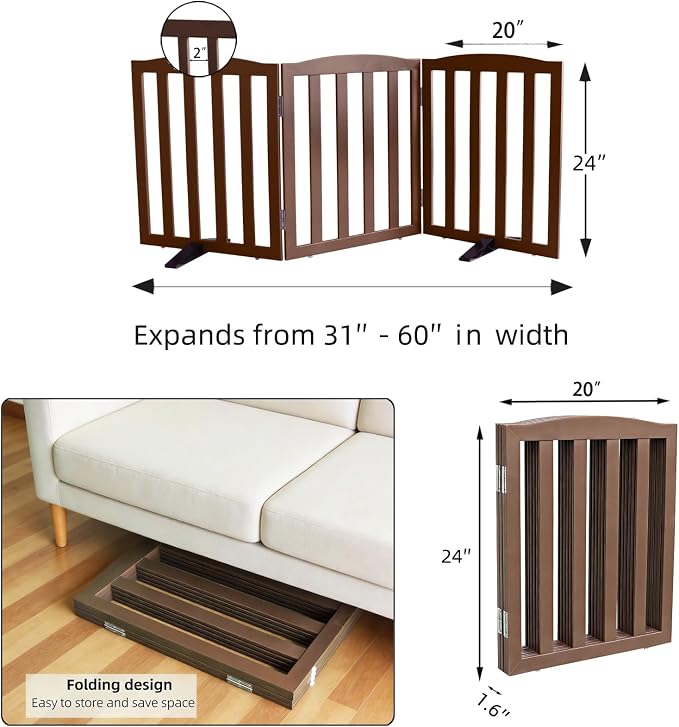 ZJSF Foldable Freestanding Indoor Dog Gate for House Wood Long Pet Gates Dog Fence for Stairs Puppy Gates for Hallways, Puppy Gate,Support Feet Included, Brown, 24 "Height-3 Panels