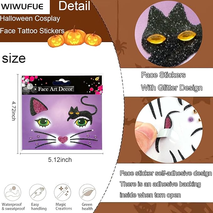 Cat Glitter Face Tattoo Stickers for Kids - - Temporary Body Art Makeup for Halloween, Cosplay, Birthday Party, Festival -Waterproof Fake Tattoo Stickers - 2Pcs (Animal Design)