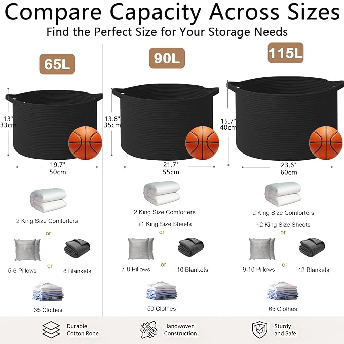 65L Large Blanket Basket,Woven Rope Laundry Basket-Black | Collapsible, reinforced handles, nursery storage bin organizes clothes, toys and pillows for living room, bedroom bathroom.