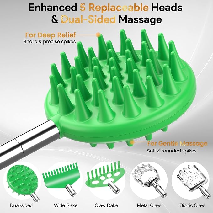 TUKUOS Telescoping Back Scratcher with 5 Detachable Scratching Heads, Valentines Day Gifts for Him Men, Anniversary Birthday Gifts for Men Women Back Scratcher for Men/Dad/Women/Adults - Green