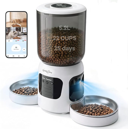 Automatic Cat Feeder with Dual Camera, 2MP with Night Vision | 2.4/5G WiFi Pet Food Dispenser, 5.2L/22 Cups, Scheduled Meals, 2-Way Audio, Dual Stainless Steel Bowl for Cat & Dog