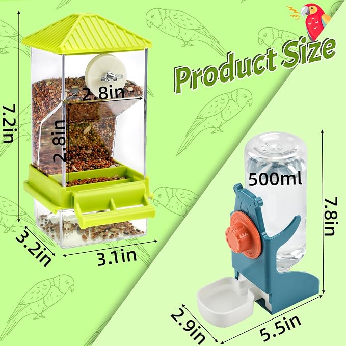 Rypet No-Mess Bird Feeder and Water Dispenser Set for Small Birds | Automatic Bird Feeder, Transparent Acrylic Food Container, Helps Reduce Seed Scatter, for Parakeet Cockatiel Parrot Canary