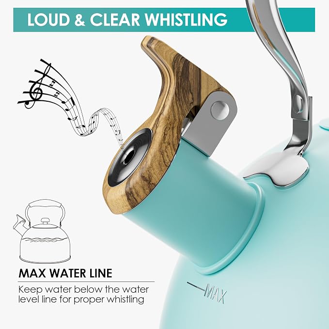 2.6 Quart Tea Kettle Stovetop Whistling for Stove Top, Blue | Food Grade Stainless Steel Tea Kettles with Cool Wood Pattern Handle, Induction Compatible