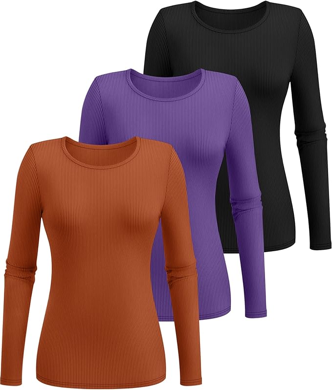 Ficerd 3 Pack Women's Ribbed Long Sleeve Tops, Crew Neck Slim Fit Undershirts Knit Basic Casual Stretch Layering Tee Shirts