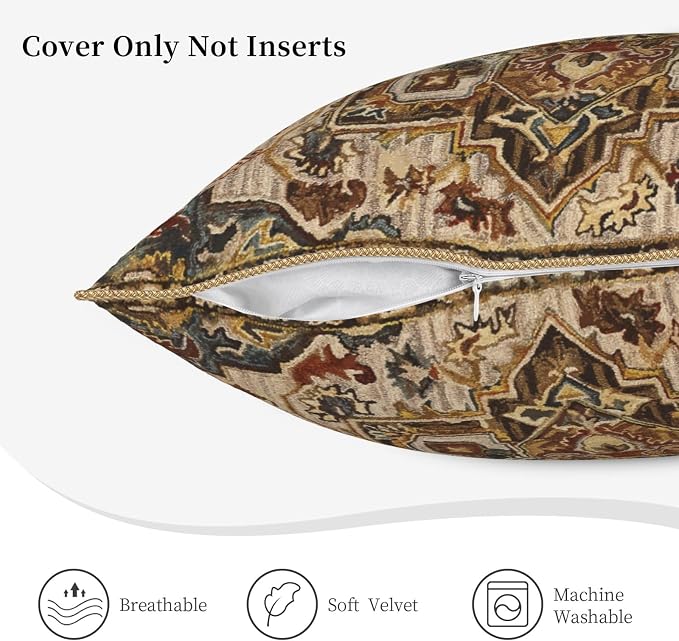 Terracotta Gold Vintage Velvet Pillow Covers 20x20 Inch Tan Brown Khaki Bohemian Tapestry Carpet Throw Pillows for Couch Soft Cushion Covers Pillowcase Aztec Boho Rug Pillow Cases for Bed Living Room