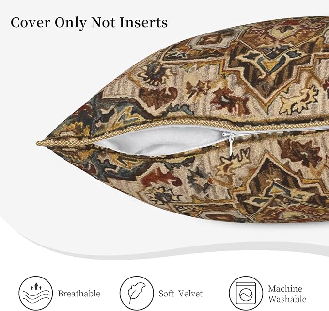 Terracotta Gold Vintage Velvet Pillow Covers 18x18 Inch Tan Brown Khaki Bohemian Tapestry Carpet Throw Pillows for Couch Soft Cushion Covers Pillowcase Aztec Boho Rug Pillow Cases for Bed Living Room