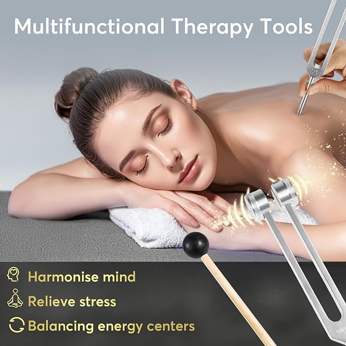 Tuning Forks for Healing Set (128Hz, 256Hz, 512Hz), Tuning Fork with Reflex Hammer for Healing/Frequency Instrument/Sound Therapy/Chakra/Yoga and Meditation Tools (Silvery), Stress Relief Gift