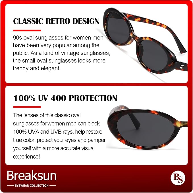 Breaksun Retro Oval Sunglasses for Women Men Fashion Small Oval Sunglasses 90s Vintage Shades