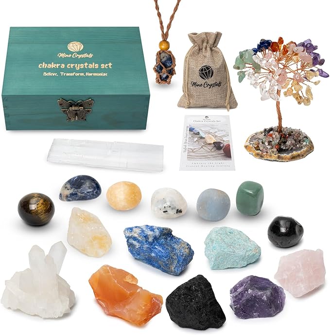 Crystal Stones Chakra Set Authentic Natural Raw Crystals Gemstones Kit Spiritual Gift - Quartz Colony Selenite Wand Rose Quartz Reiki Yoga Meditation
