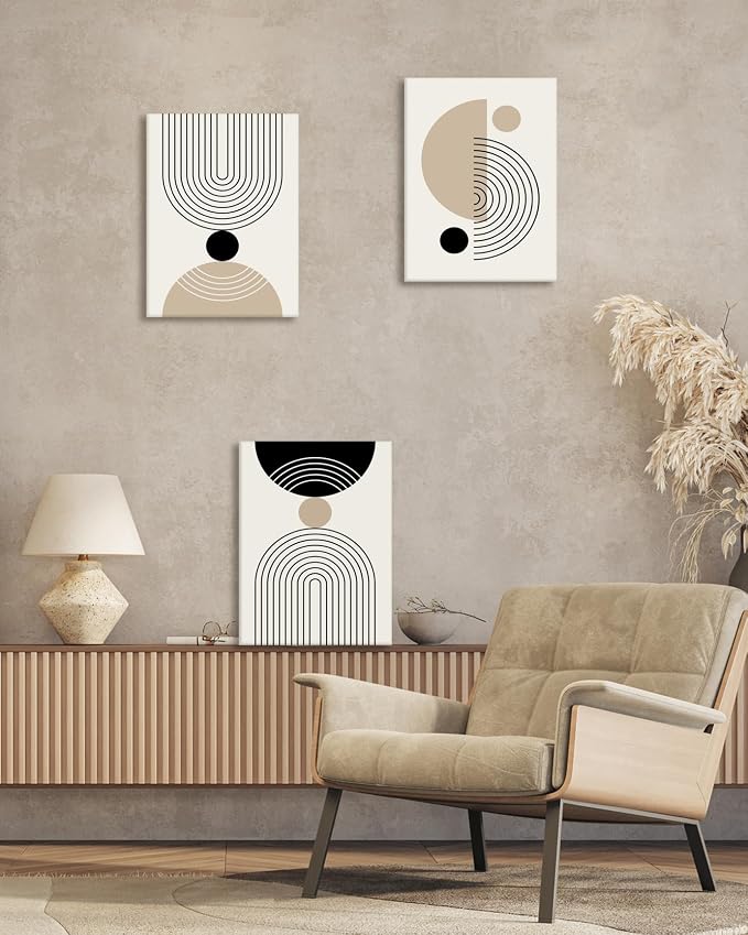 HesenDot Abstract Geometric Wall Art Set of 3, 30x40CM Minimalist Line Framed Canvas Prints, Boho Modern Neutral Beige Black Shapes Wall Decor for Living Room Bedroom Bathroom Office Home