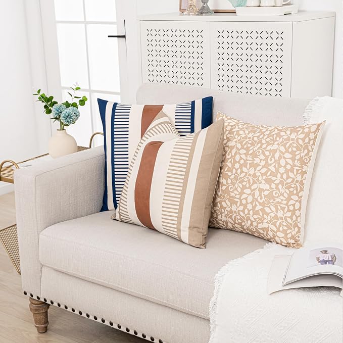 2 Pack 20x20 Inch Pillow Covers - Brown Faux Leather & Tan Stripe Print Soft Canvas Splicing, Same Pattern Both Sides | for Sofa Couch Bed Living Room, Farmhouse Industrial Minimalist Decor